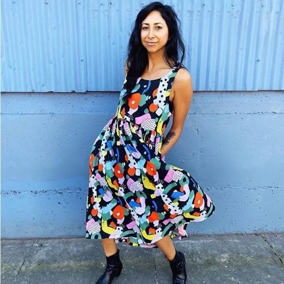 Nooworks Naomi Dress Party Print Rayon Midi Multicolor Small EUC - Picture 1 of 9